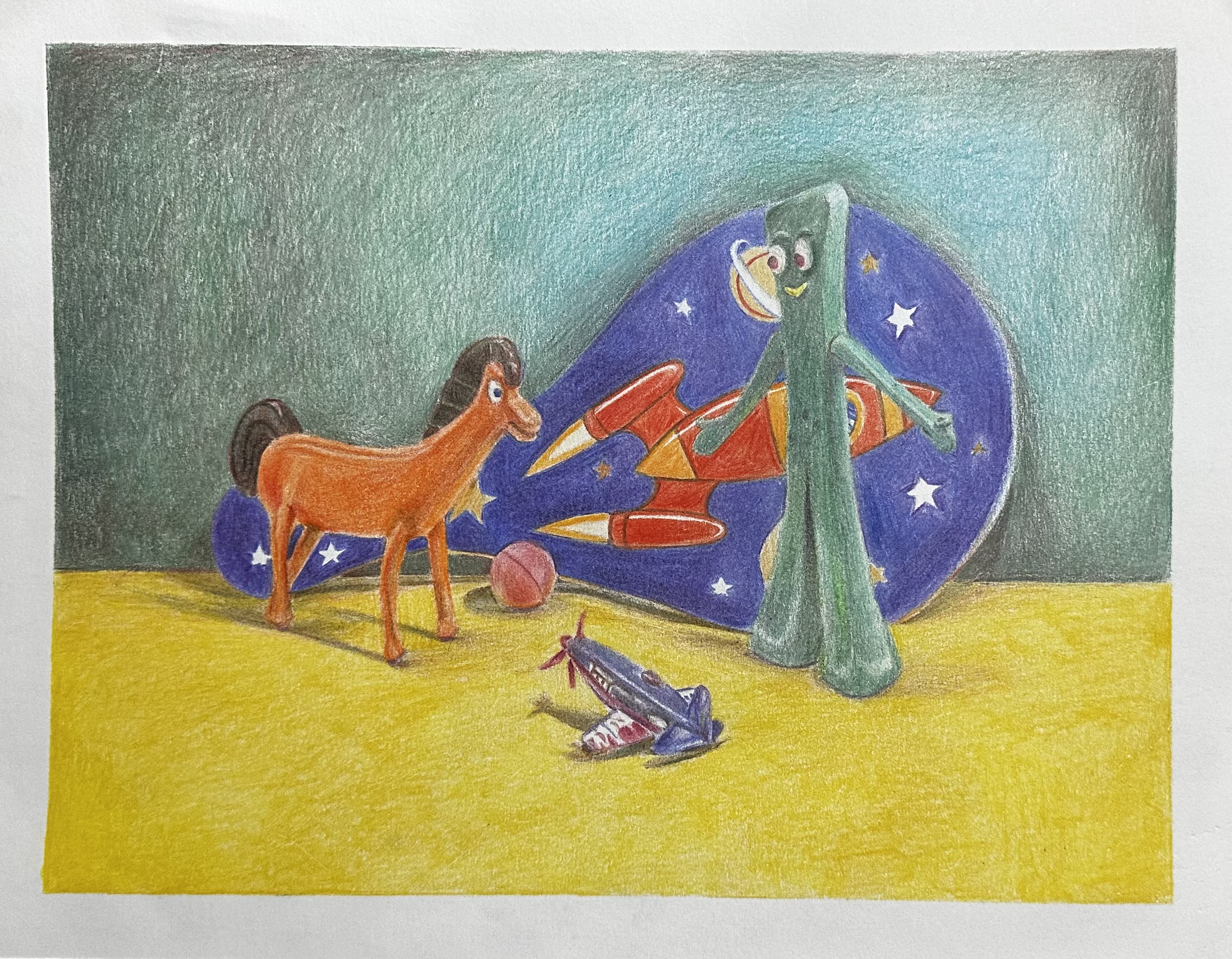 A colored drawing of 'Gumpy and Pokey' with a toy airplane in front of them and a blue paddle ball toy behind them.