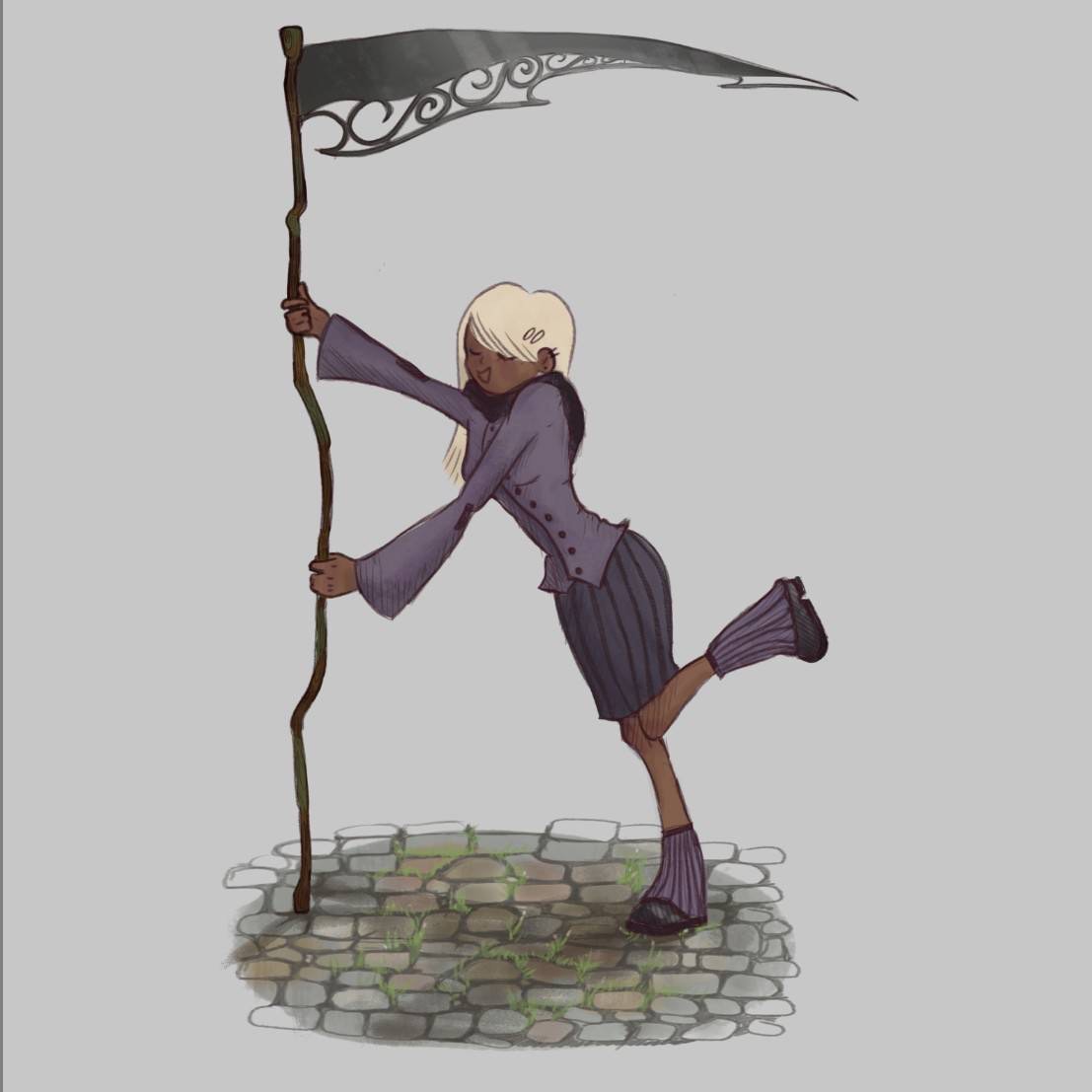 A digital drawing of a styilized girl holding a scythe.