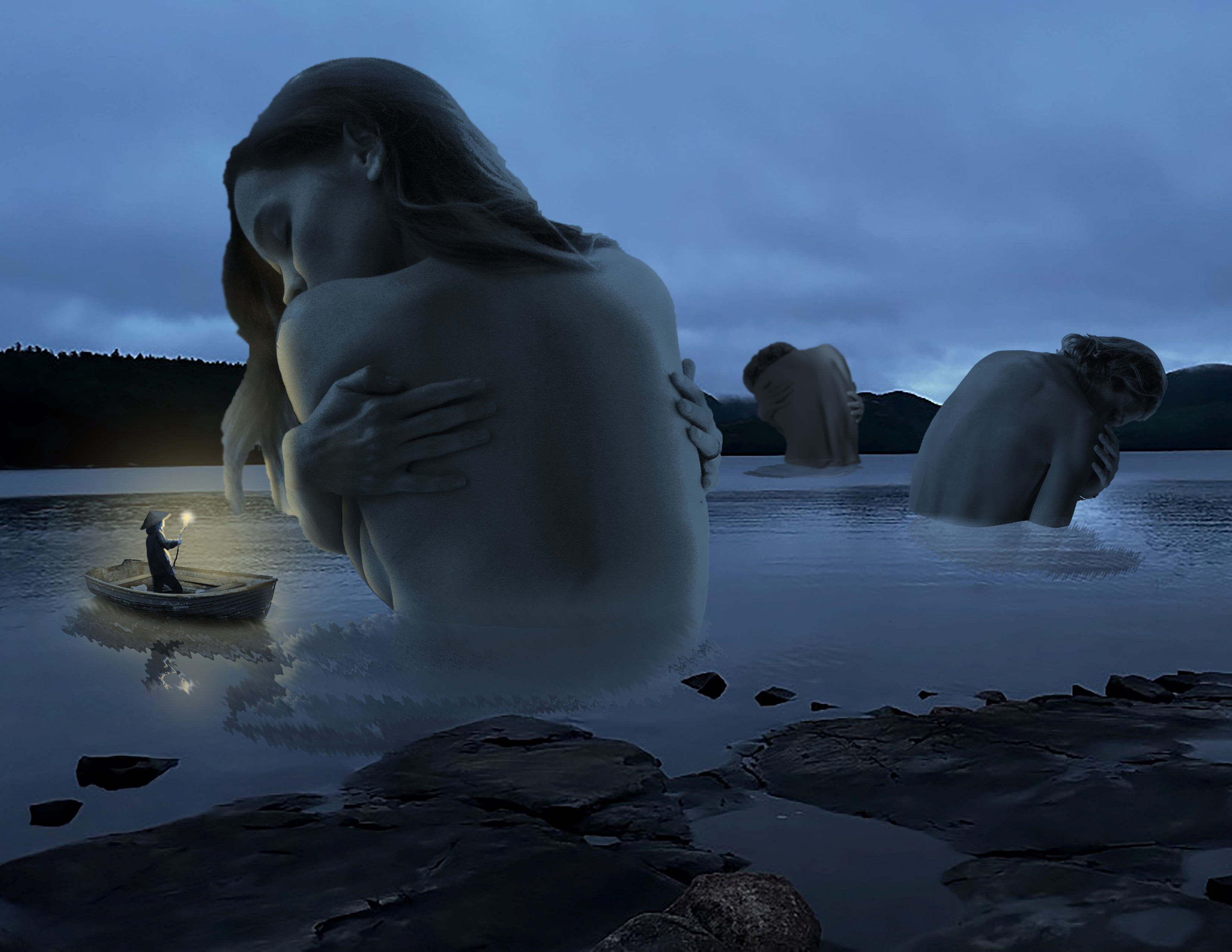 Photoshopped image of a man in a boat approaching a giant woman who is crouched in the water. There are two other giant figures crouched in the water behind her.