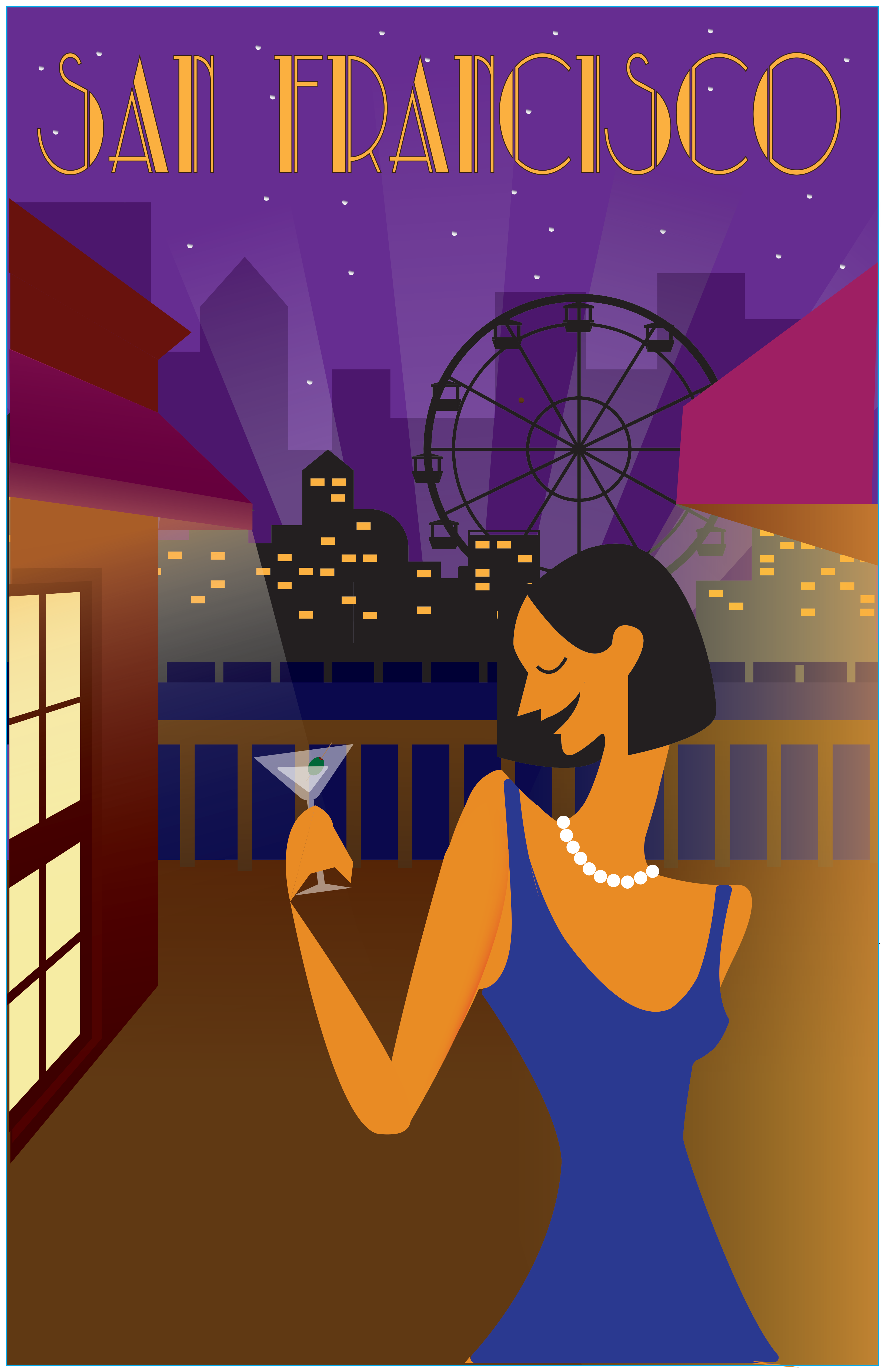 An Art Deco themed poster depicting a woman holding a martini glass with the night sky and city behind her.