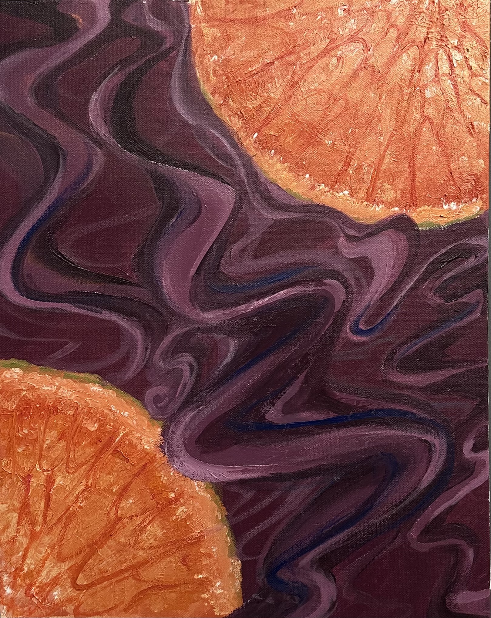 An acrylic painting of a lanscape during the night. A house, stopsign, shed, and powerlines are visible as well as lots of greenery.