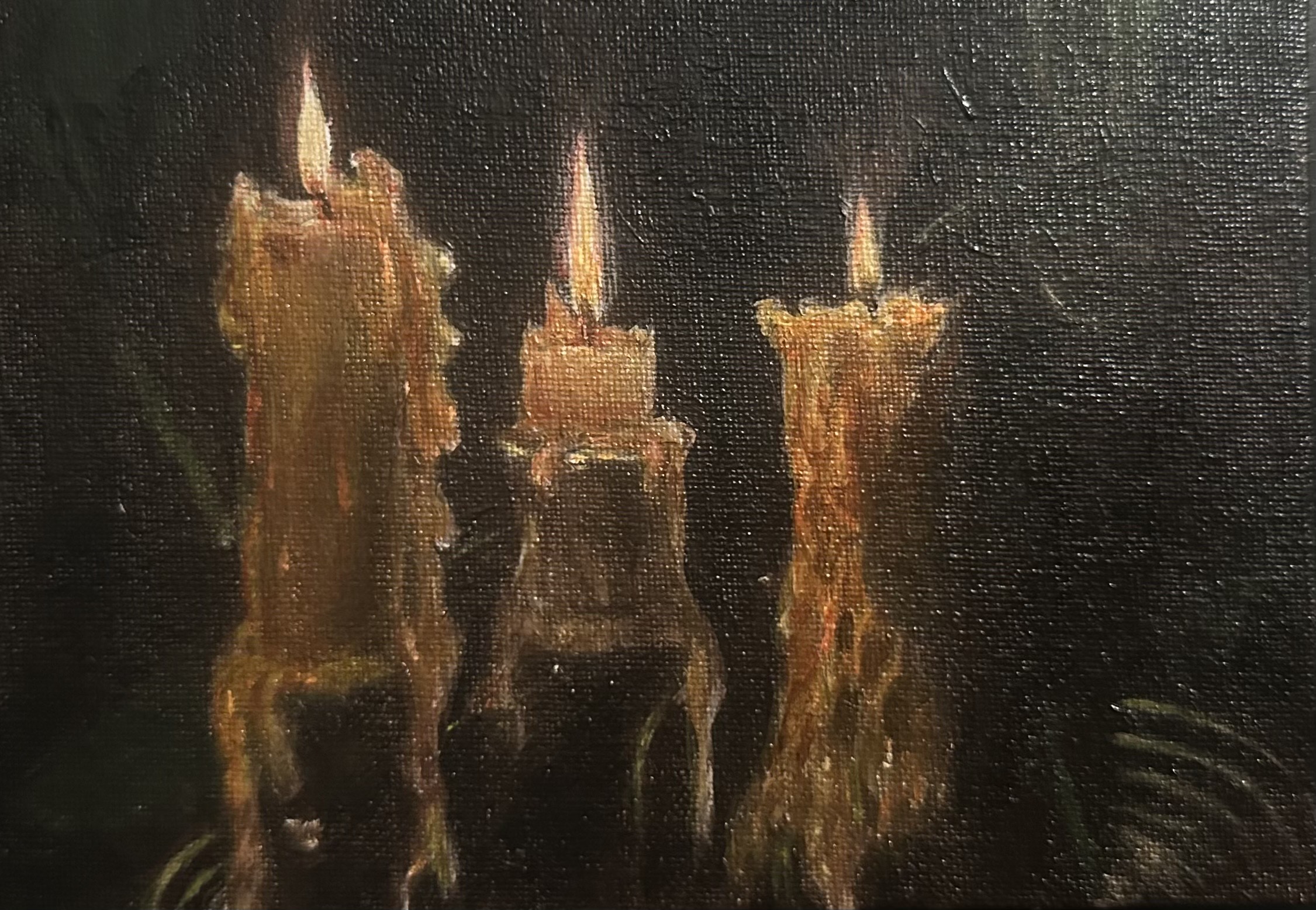 An acrylic painting of three candles in a dark room.